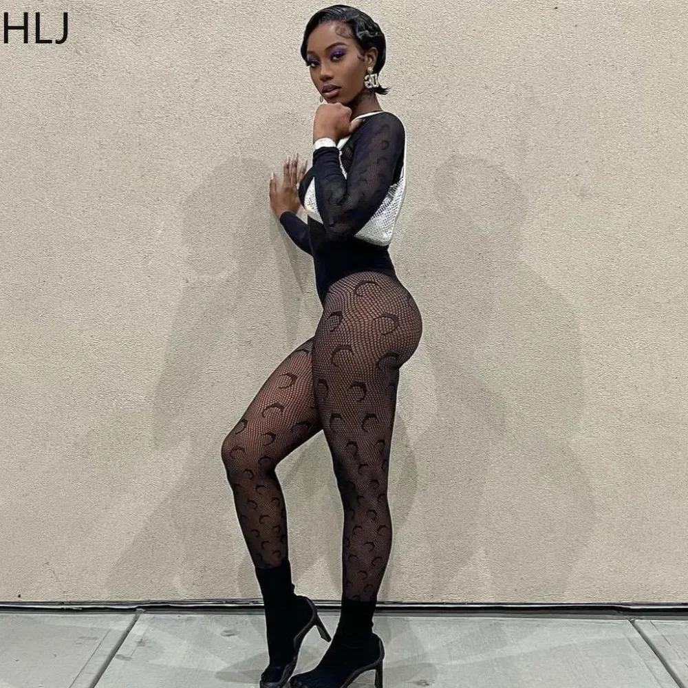 HLJ Sexy Mesh Hollow Print Two Piece Sets Women Round Neck Long Sleeve Top + Pants Outfits Female Perspective Nightclub Clothing