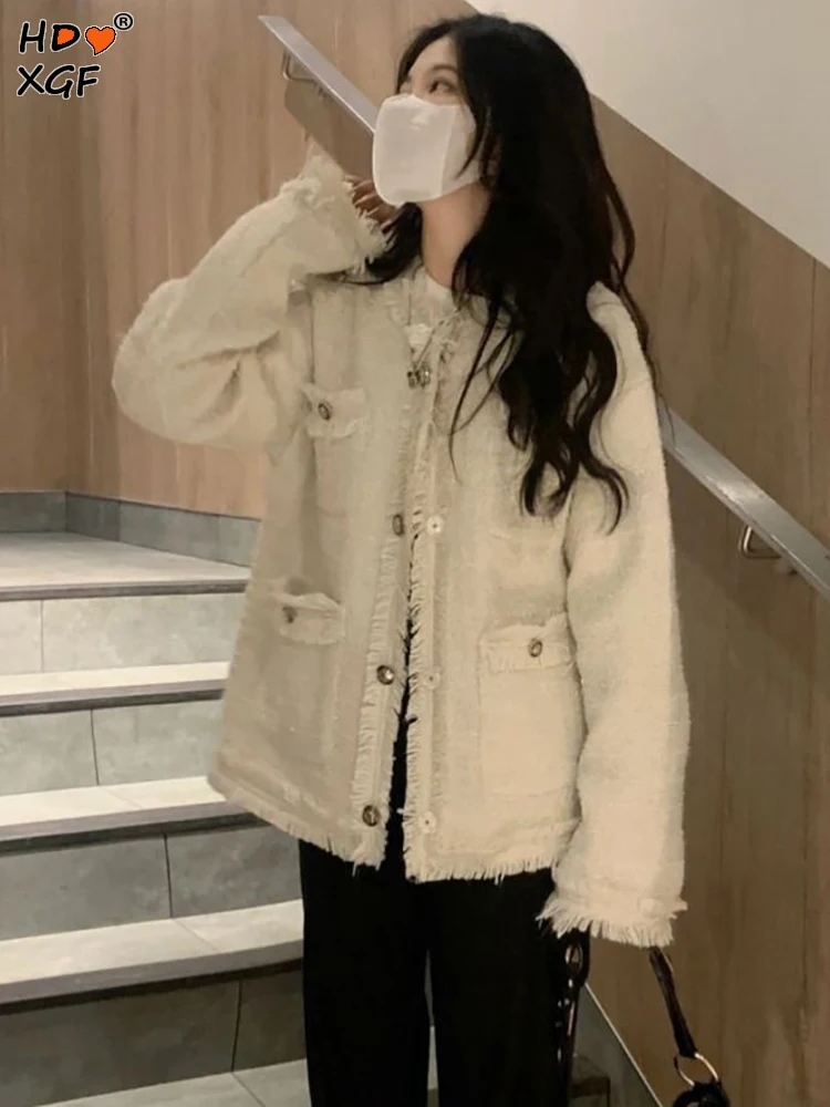 

Korean Fashion Solid Color Tweed Long Sleeve Jacket For Women Simple O-neck Single Breasted Slim Coat Elegant Top Streetwear New