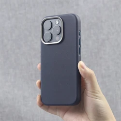 Luxury Alloy Lens Frame PU Leather Magnetic Case with Wireless Charging Support for iPhone 16 (ZSPU Blue)