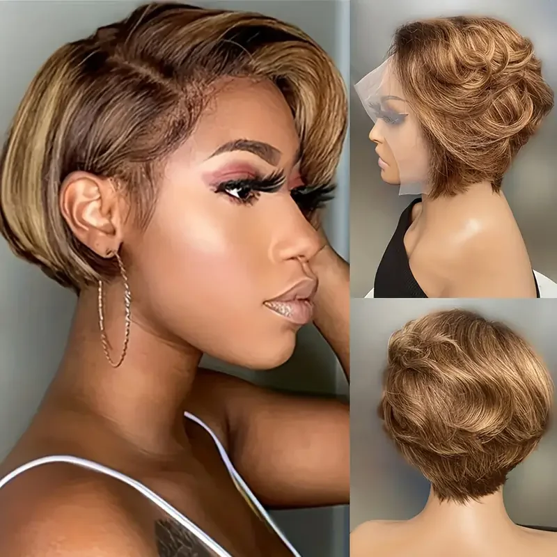 T Part Lace Frontal Wig Pixie Cut Human Hair Wig For Women 8 Inch 180% Density Glueless Bob 13x6x1
