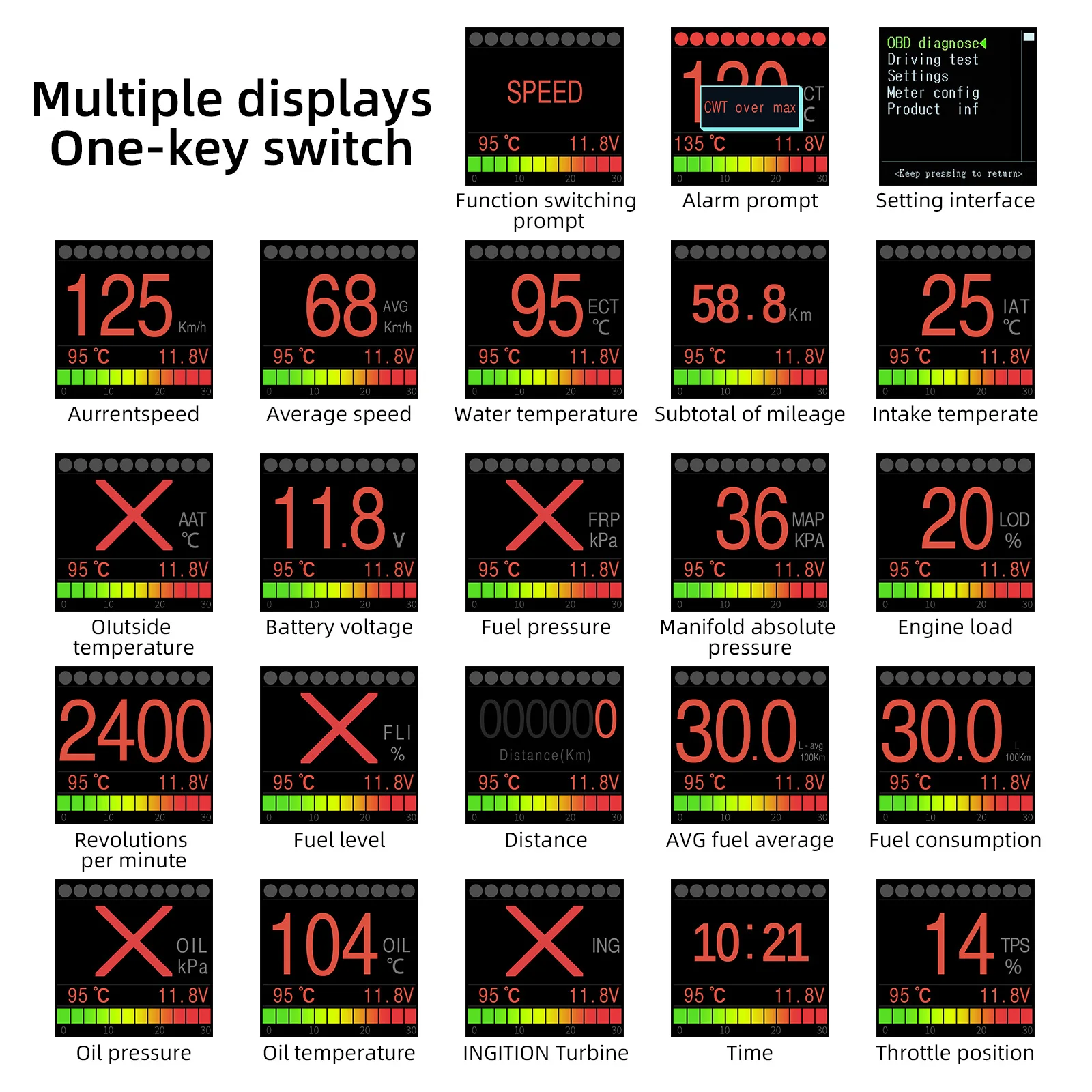 AD A205 HUD 자동차 스마트 디지털 다기능 알람 미터, 온도 게이지 디지털 전압 속도계 알람, 오류 코드 지우기