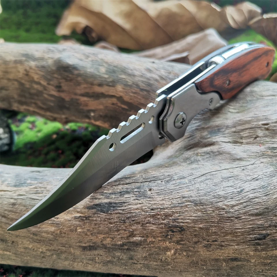 LED Folding Blade Knife with Wooden Handle