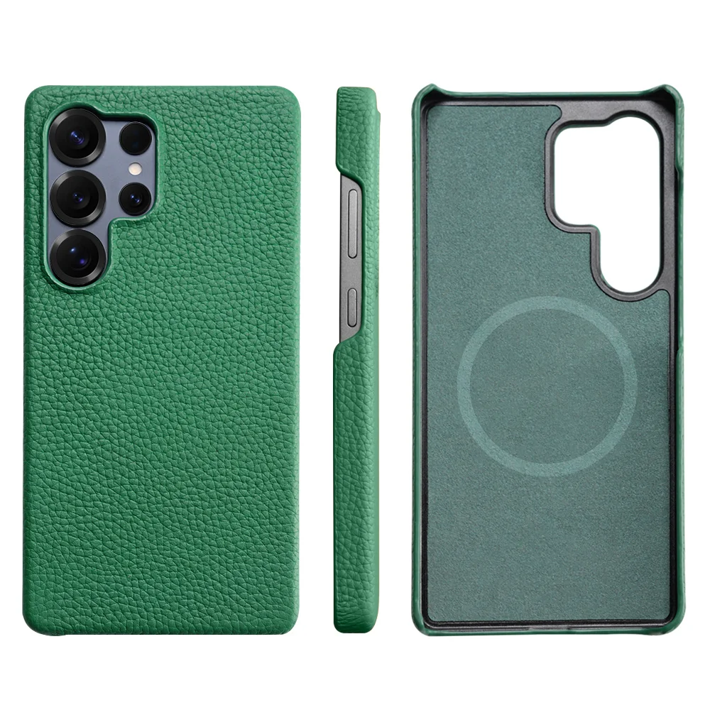 Luxury Natural Cowhide Lychee Leather Magnetic Phone Case with MagSafe – Premium Protector Cover