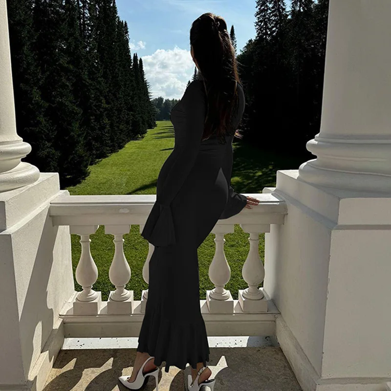 Vestido largo de otoño con volantes para mujer, elegante vestido de fiesta de retazos con cintura alta y manga larga para desplazamientos diarios, ropa femenina