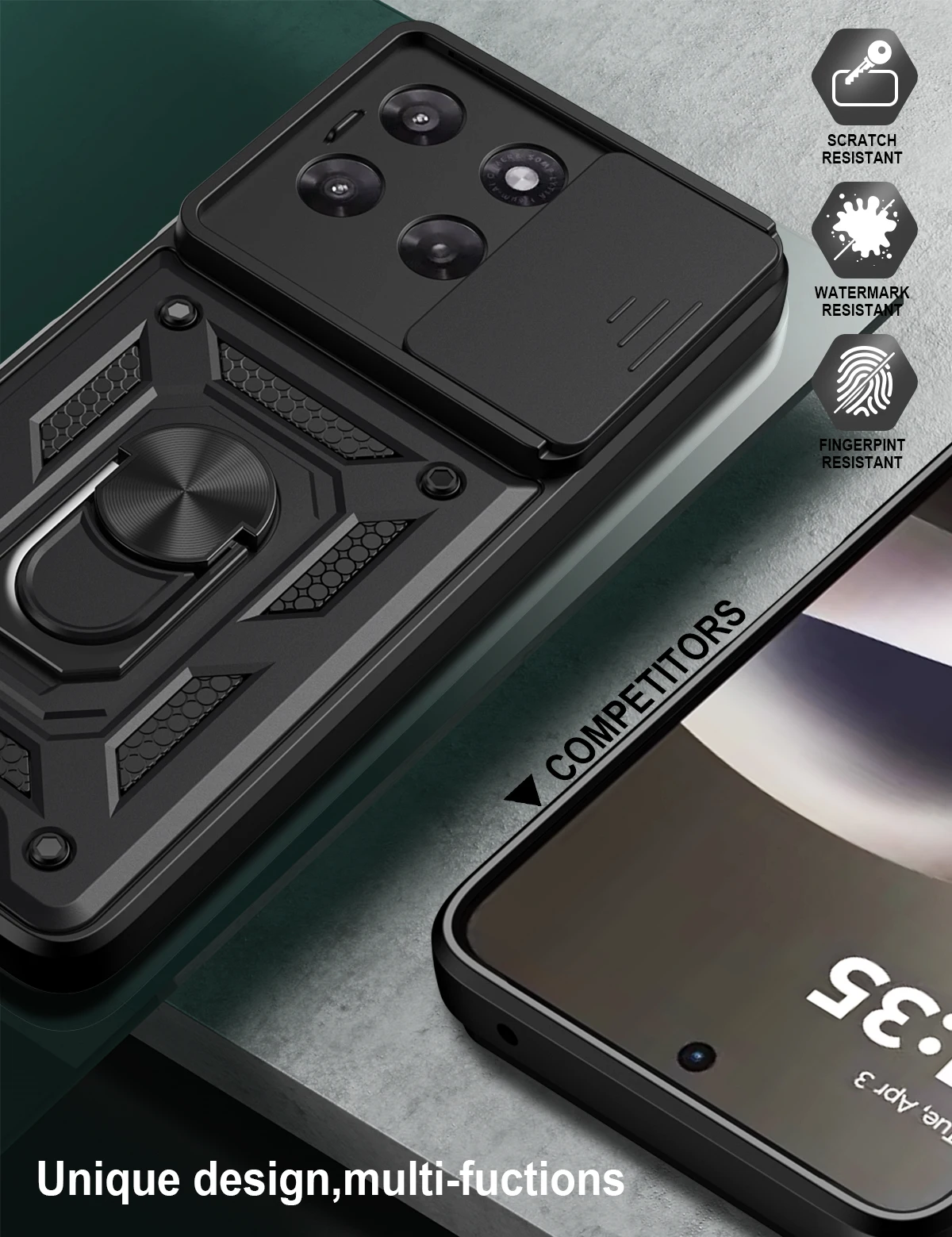 Armor Shockproof Slide Camera Protect Phone Case with Magnet Holder Ring and Back Cover