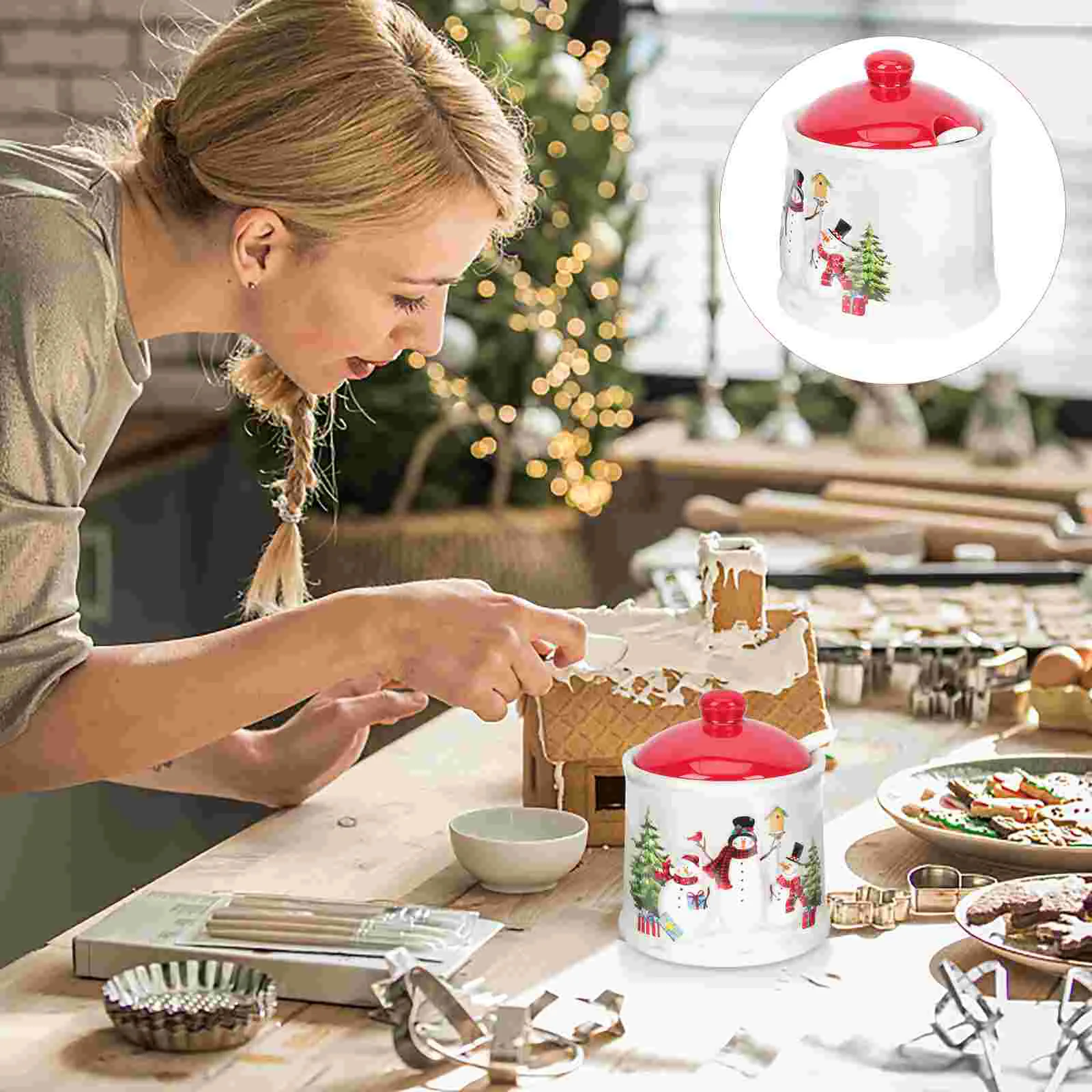 

Ceramic Snowman Condiment Jar Christmas Candy Jar Decorative Seasoning Box Kitchen Food Storage Container Tea Canister Sugar