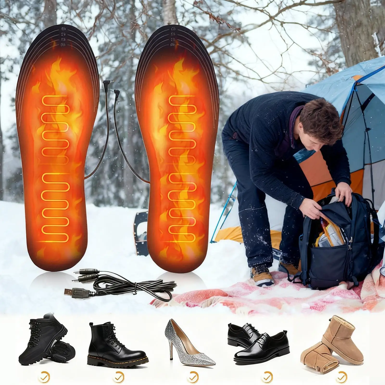 USB Heating Insoles Cuttable Warming Boot Inserts Outdoor Sports Heating Insole for Skiers Snowboarders Hikers Fishermen Skiing