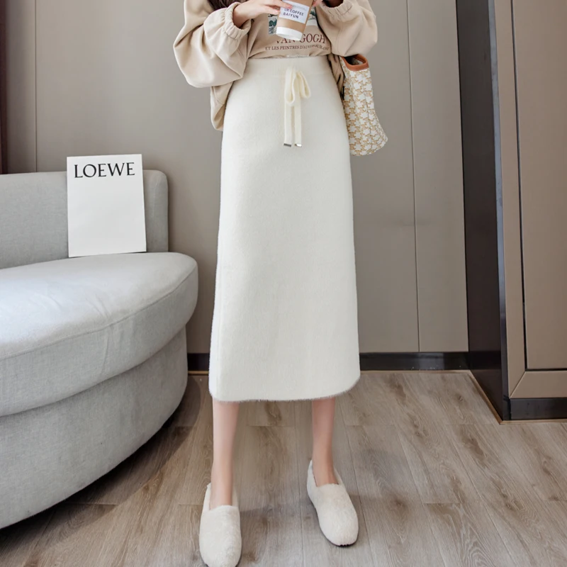 

Mink Cashmere Midi Skirt Women Autumn Winter Warm Slim Korean Drawstring Knitted Pencil Skirts Casual High Waist Straight N914