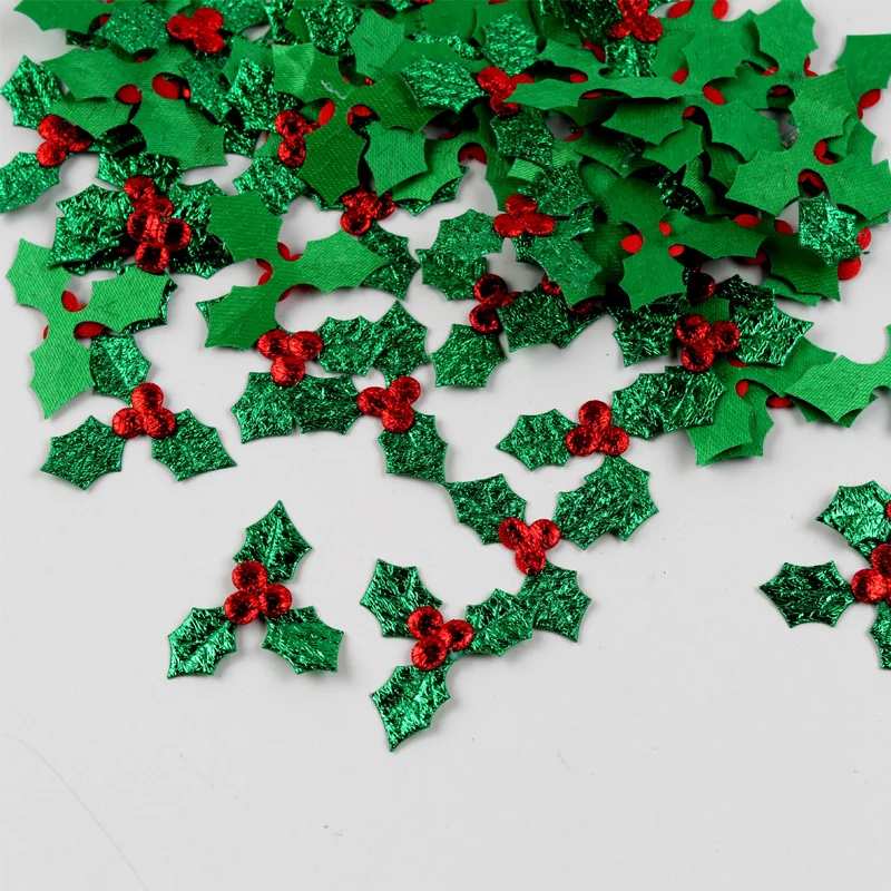 Christmas Glitter Holly Leaf And Red Berry Decoration Table Ornaments DIY Art Fabric Applique Accessories 100Pcs