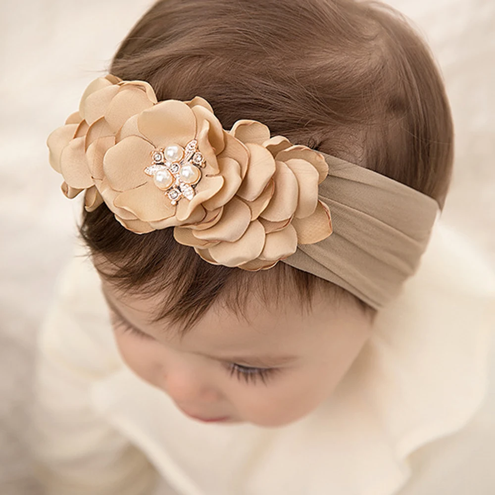 Diamante Perla Fiore Fascia Bambina Chiffon Fiore Capelli Nylon Turbante Morbido Turbantes Para Bebes Bambini Fasce Per Ragazze
