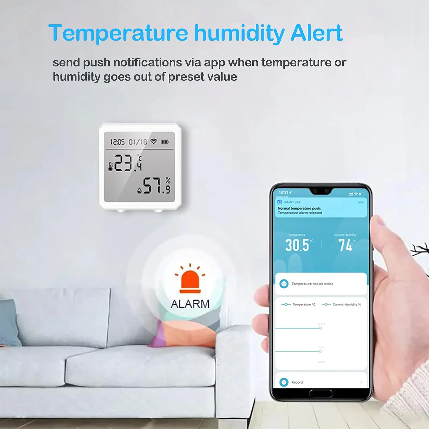 

Smart WiFi Temperature and Humidity SensorTuya Indoor Hygrometer, Thermometer with LCD Display,Assistant,Remote Monitor for Room