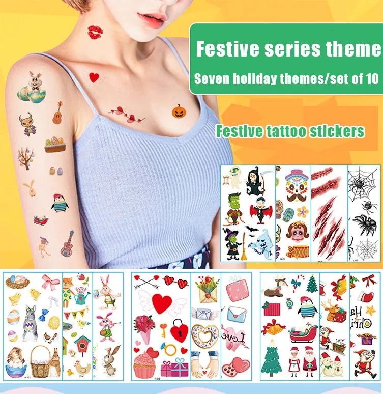 10 Pack Fake Tattoo Stickers Festive Temporary Tattoo Arm Kids DIY Body Art Festive Christmas Halloween Independence Day