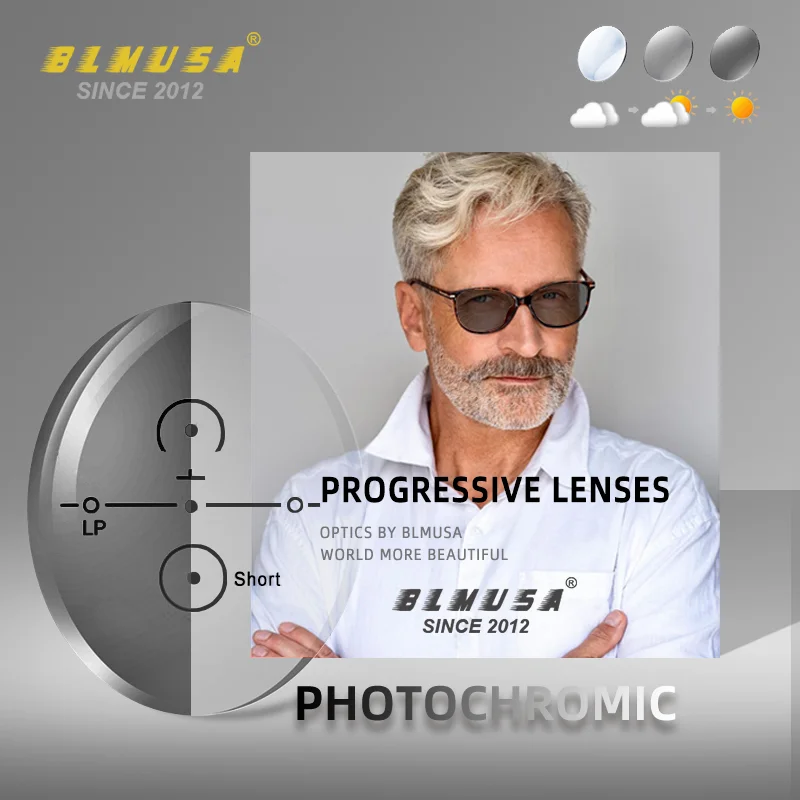 BLMUSA Anti Blue Light Rays Photochromic Series Progressive Lens 1.56 1.61 1.67 1.74 Prescription CR-39 Resin Aspheric Lenses