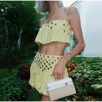 VEITCHE Women Metal Hollow Pleated Suspender Skirt Suit Sexy Sleeveless Vest High Waist Mini Skirt Lady Vacation Dress Set - Image 2