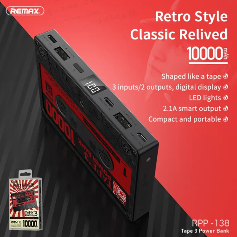 Remax 10000mAh Mini Power Bank Portable Fast Charge Large Capacity LED Display USB A Type C  for Mobile Phone Xiaomi Huawei 15