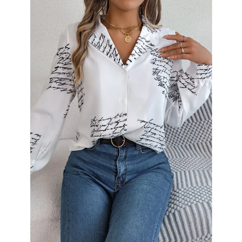 

Women's Loose Printed Single Breasted Blouse 2023 Autumn Winter Leisure Shirt Women's Long Sleeve Turn-down Collar V-neck Shirt