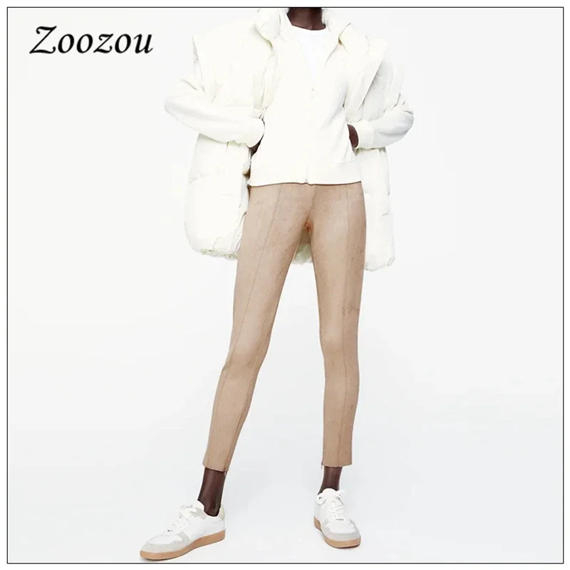 Women Zipper Ankle Length Suede Leather Pants Skinny Slim Seamless Pencil Trousers Winter Split Ankle Pants Plus Size Custom