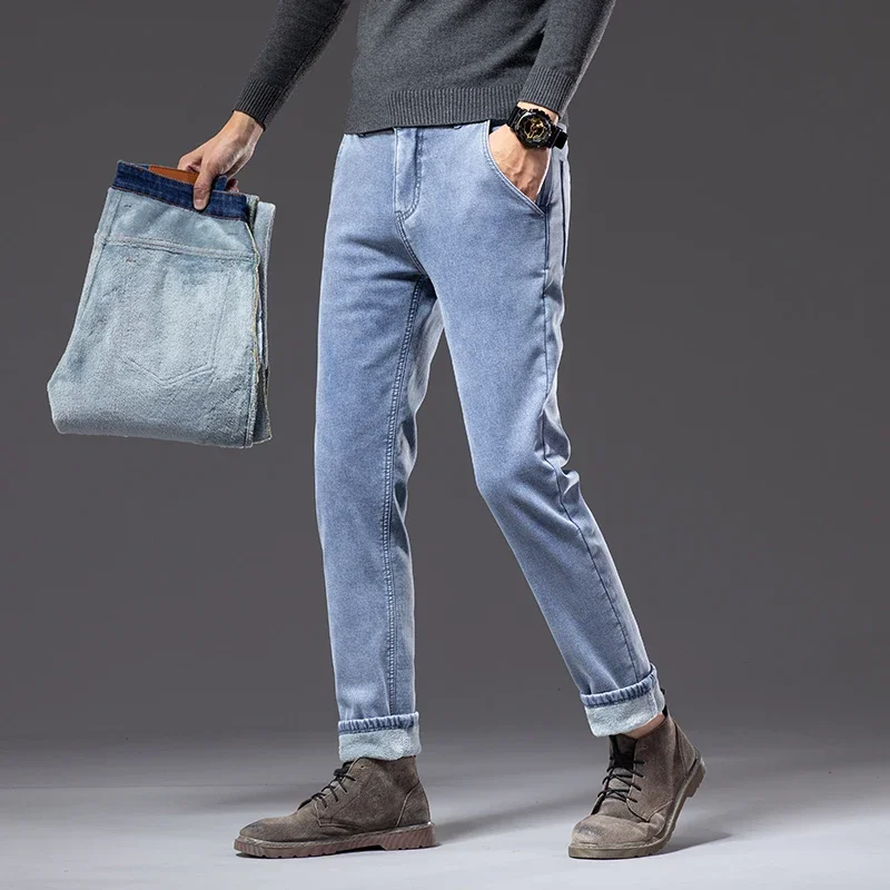 Winter Fleecy Thickened Warm Jeans Vintage Brand Classic Retro Youth Fashion Men Fit Straight Leg Casual Stretch Denim Pants 2