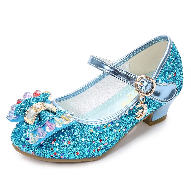 Princess Kids Leather Shoes for Girls Flower Casual Glitter Children High Heel Girls Shoes Butterfly Knot Blue Pink Silver 2