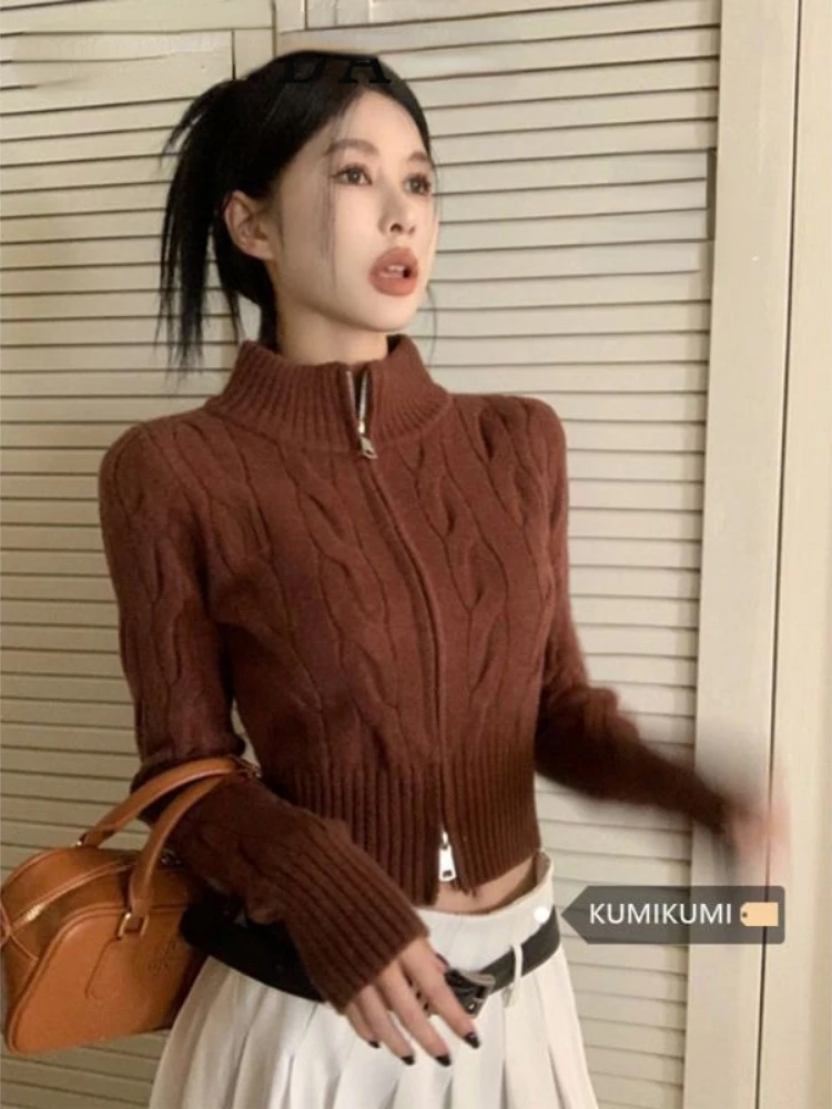 Knit Cardigan Women Crop Tops Y2k Clothes Short Coat Sweater Streetwear Double Zipper Stand Collar Chic Long Sleeve Slim Jacket