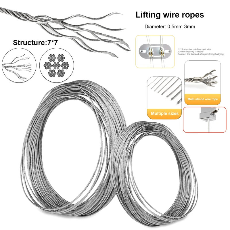 Stainless Steel Cable Rope Kits 5/10Meters 0.5-3mm Diameter 7X7 Structure 304 stainless steel wire rope