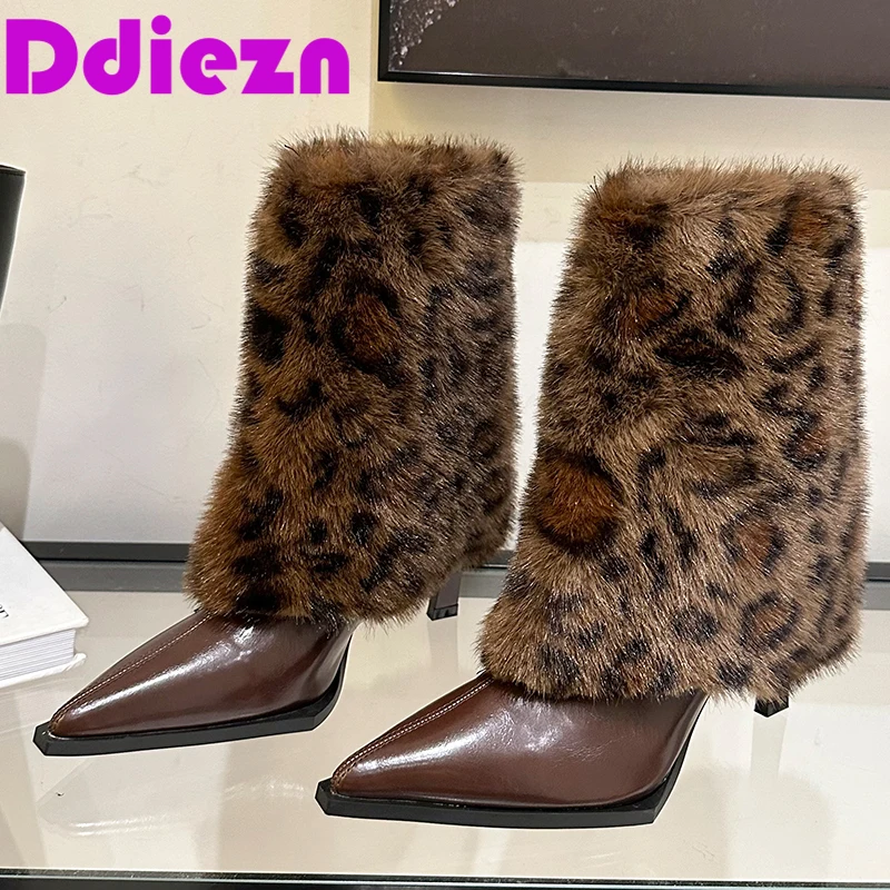 

Леопардовая обувь с мехом, ботильоны для женщин, зима-осень, модная теплая женская обувь на каблуке, женские современные меховые ботинки, туфли-лодочки