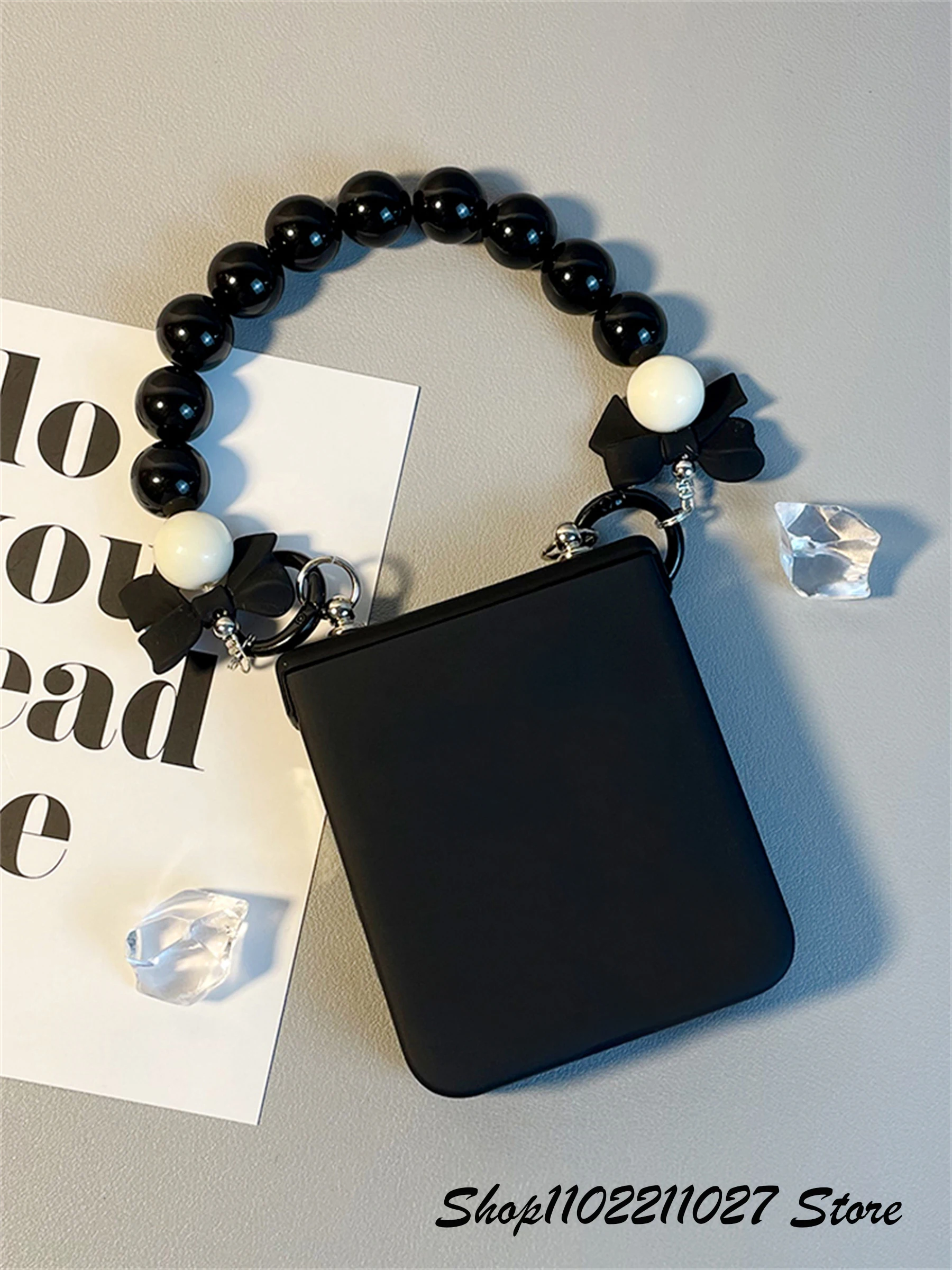 Luxury Korean 3D Bow Bead Bracelet Chain Black Phone Case - Portable Cover