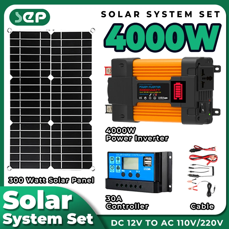 

Solar System kit Solar Power Group 4000w Inverter 220v/110v 300W Solar Panel RV 30A Controller Camping Combinatorial power bank