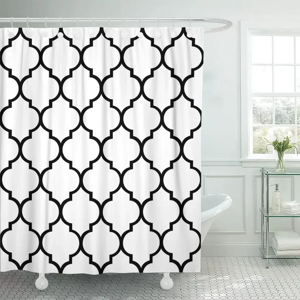 

Geometric Quatrefoil Pattern White Modern Moroccan Flower 3D Printing Bathroom Curtain Bathroom Accessories Set Polyester Fabric