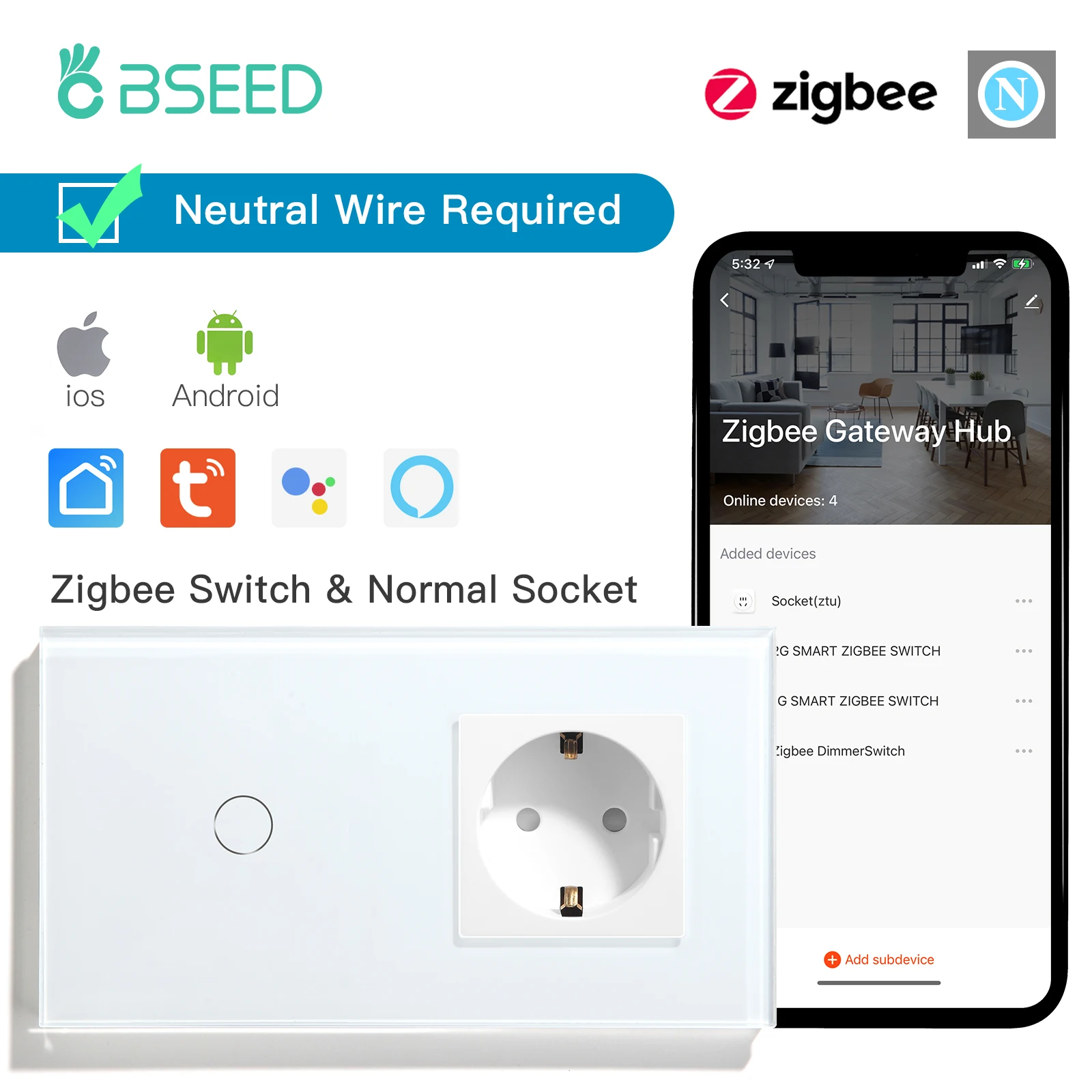 

BSEED Zigbee Light Switch 1/2/3Gang Smart Touch Switches Google Alexa App Control Plus EU Wall Socket Neutral Wire Required