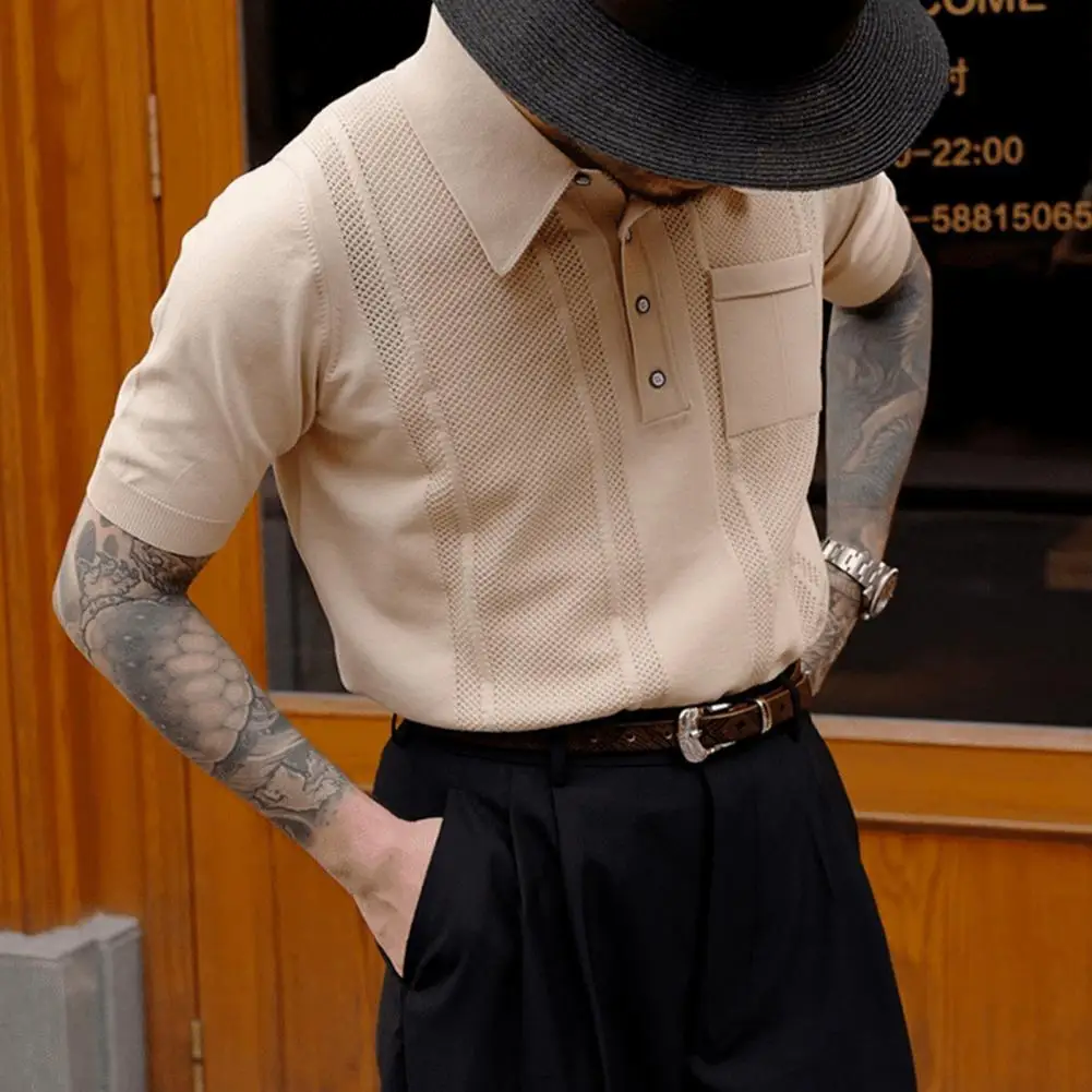 Summer Shirt Pocket Solid Color Slim Stretch Knit Shirt Short Sleeves Turn down Collar Half Single breasted Casual Tops