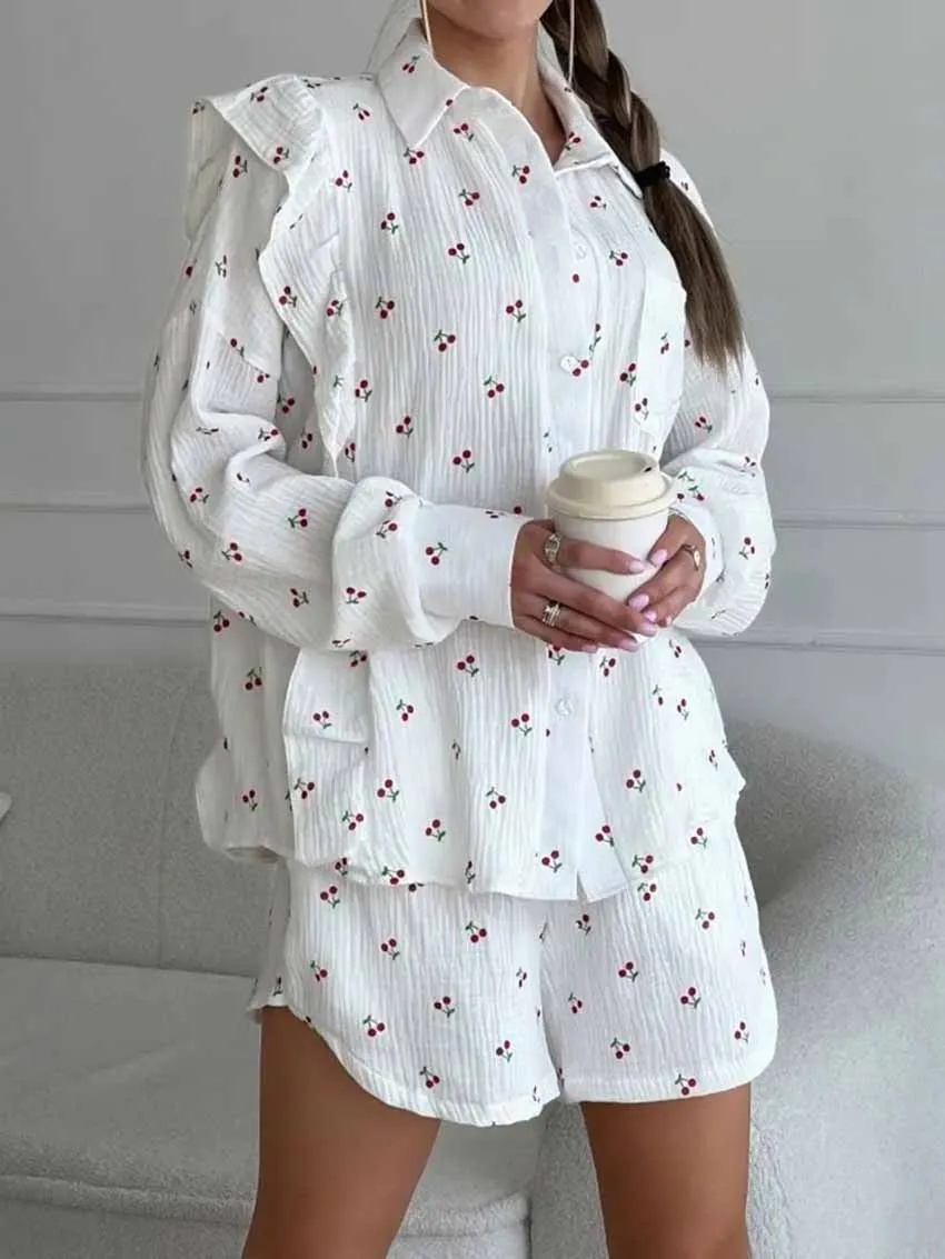 Marthaqiqi Fashion Printing Ladies Pajamas Set Long Sleeve Nightwear Turn-Down Collar Sleepwear Shorts Casual Women Nightie Suit