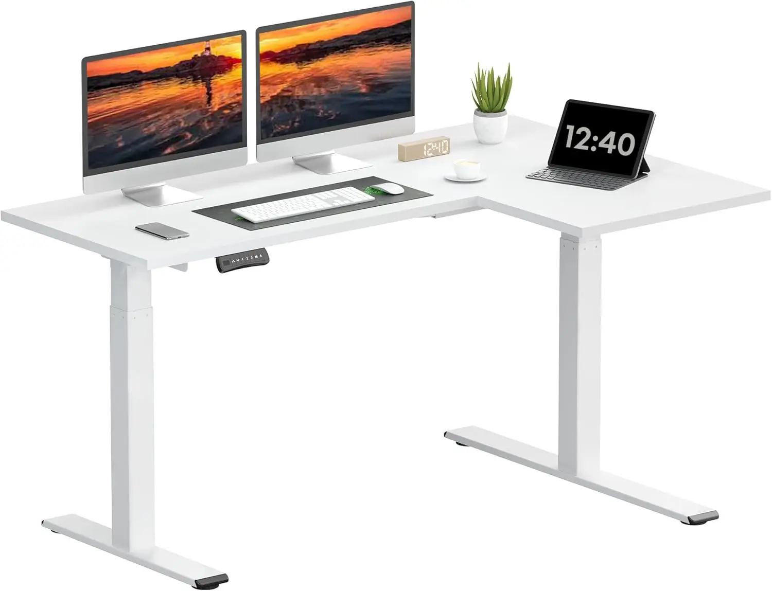 63-Inch Large Dual Motor L-Shaped Electric Height Adjustable Standing Desk-Reversible Panel-White Top/White Frame