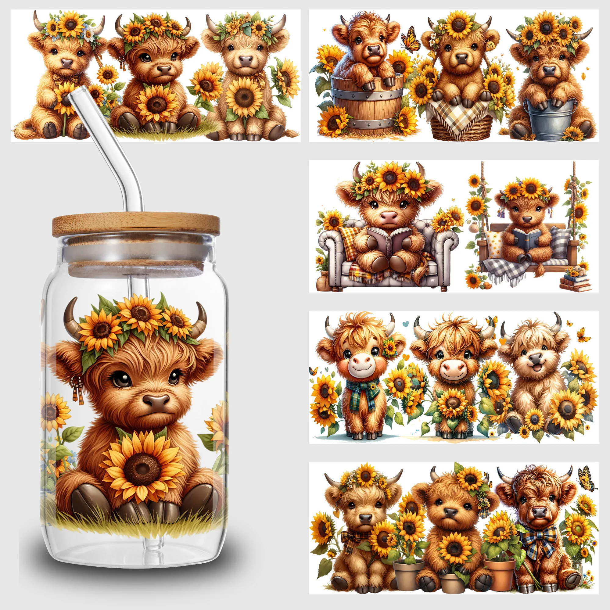 5 Sheets Cow Sunflower UV DTF Cup Stickers Glass Movement DTF Transfer Stickers Waterproof Wipe-On Transfers sticker cups,uv dtf wrap transfer