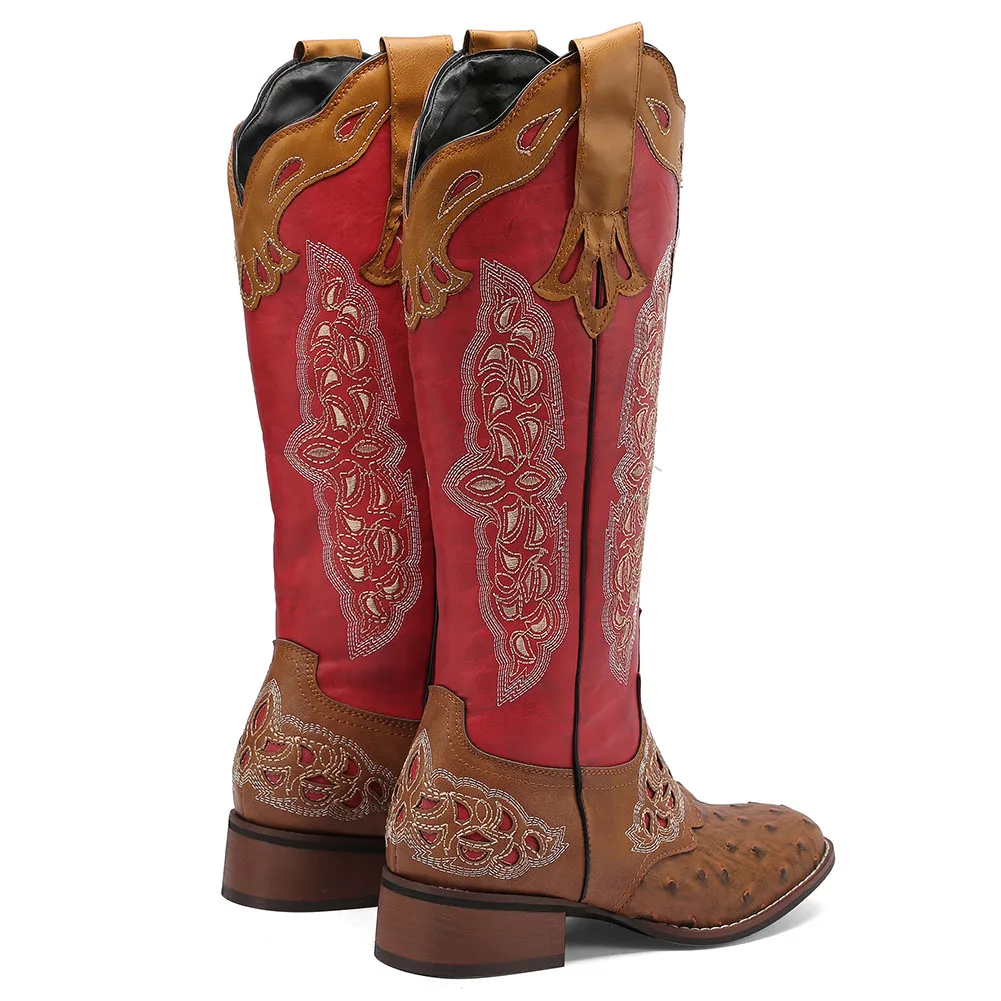 AOSPHIRAYLIAN Western Cowboy Patchwork Sewing Floral Boots For Women 2023 Knee High Retro Cowgirl Riding Women's Shoes Boots