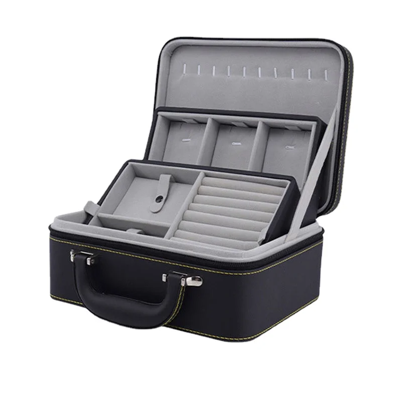 

Двухслойный Кожаный Органайзер для ювелирных изделий, портативный черный бокс для хранения ювелирных изделий, большая емкость, бокс для колец, женские подарки