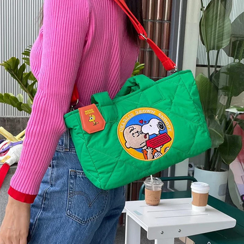 

Kawaii Snoopy Сумочка, мультяшный зеленый милый космический хлопковый пуховик, сумка через плечо
