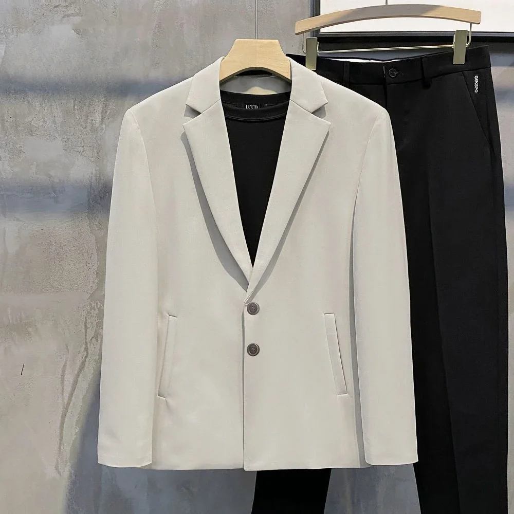 thumbnail image 1 of Chaqueta de un solo pecho para hombre, trajes y blazers finos de color gris para hombre, abrigos ajustados de lino, ropa clásica, ropa de estilo coreano, novedad, 1 of 5