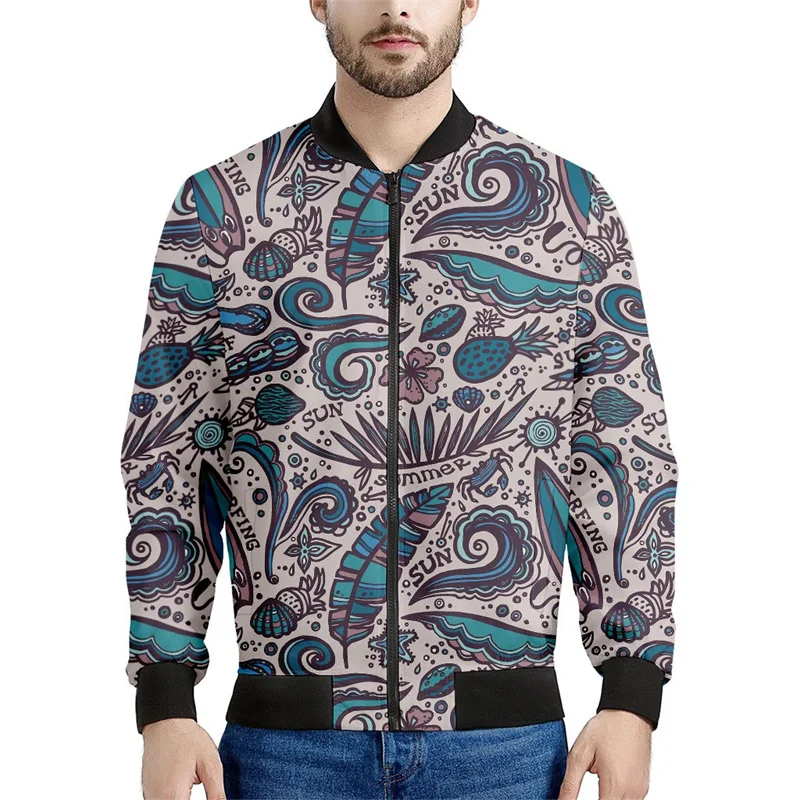 Chaqueta con cremallera con estampado de olas del océano vintage para hombre, chaqueta holgada informal de manga larga con estampado 3D de autobús de la paz y plumas, abrigo de calle