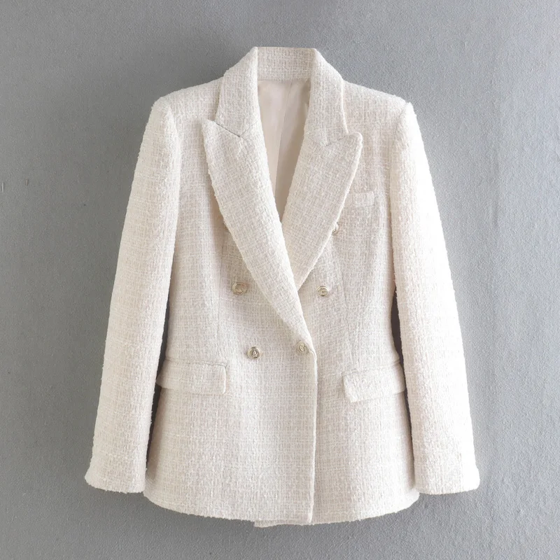

TRAF Women White Blazers Coat 2022 Vintage Metal Double Buttons Tweed Jacket Long Sleeve Loose Female Outerwear Chic Tops