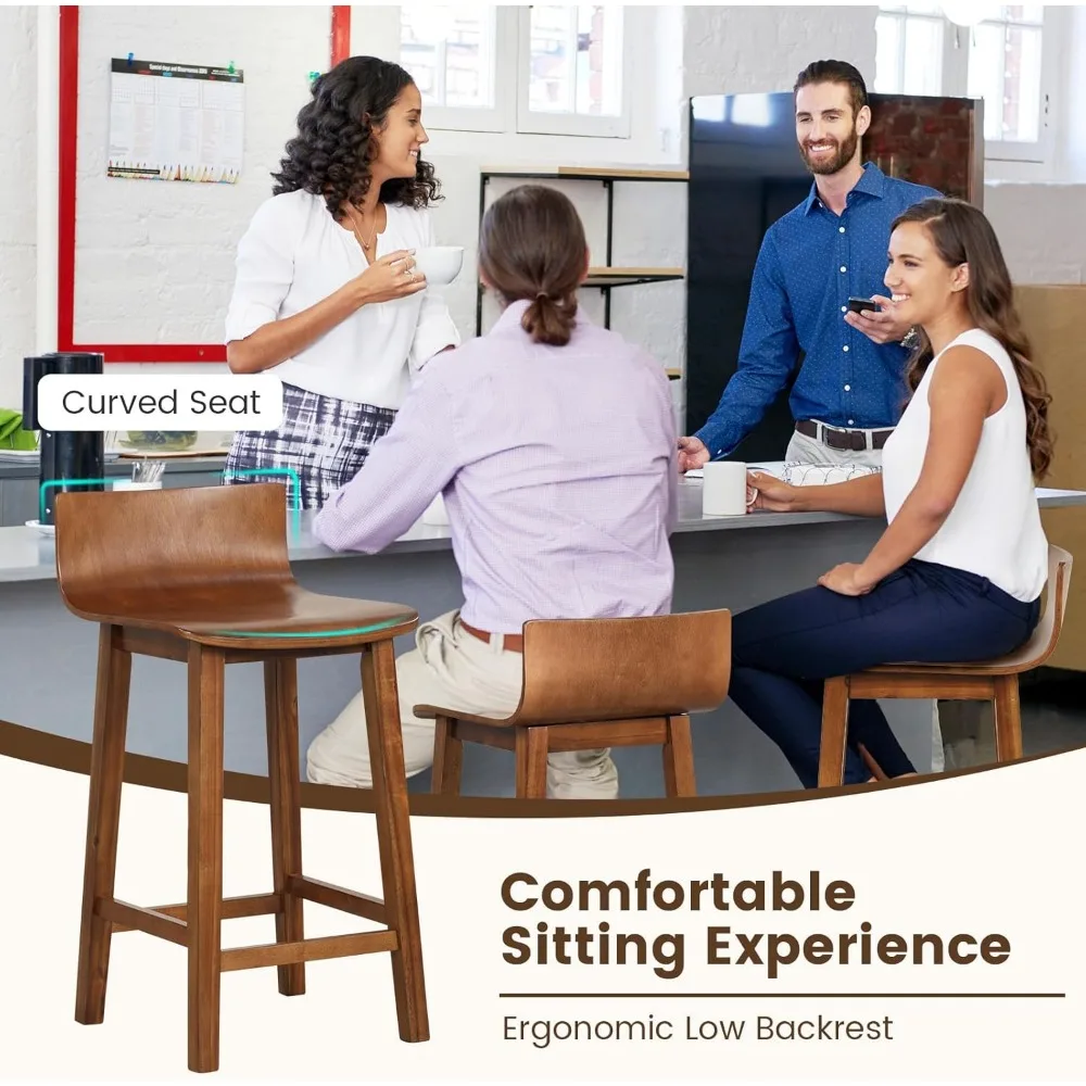24.5" Bar Stools, Counter Height Bar Stools w/Low Back & Footrest, Farmhouse Wooden Dining Chairs
