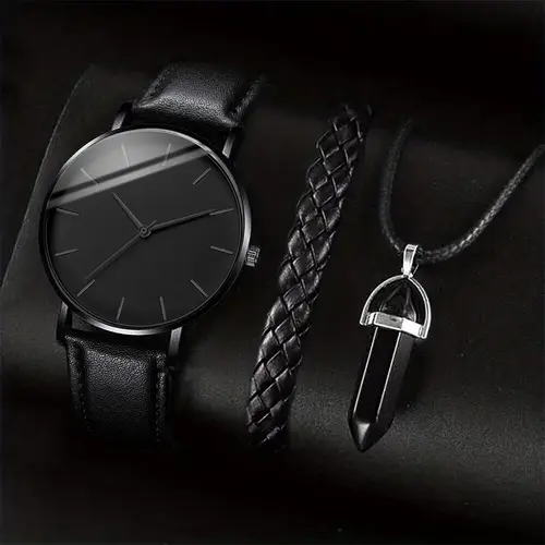 3PCS/Set Men Business Watches Casual Leather Band Analog Male's Quartz Watch Necklace Bracelet Set - Image 3