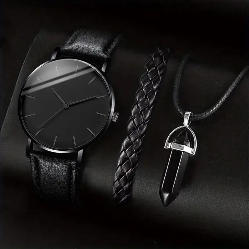 3PCS/Set Men Business Watches Casual Leather Band Analog Male's Quartz Watch Necklace Bracelet Set - Image 3