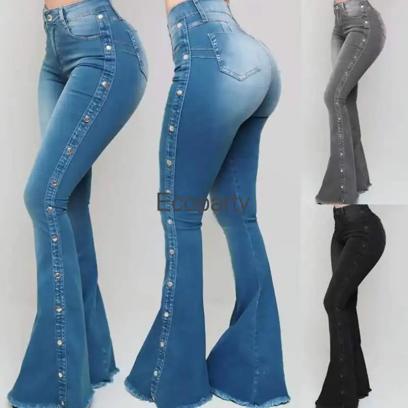

Women Fashion High Waisted Stretch Flare Jeans Korean Slim Wide Leg Butt-Lifted Casual Denim Bell Bottom Pants Pocket Trousers