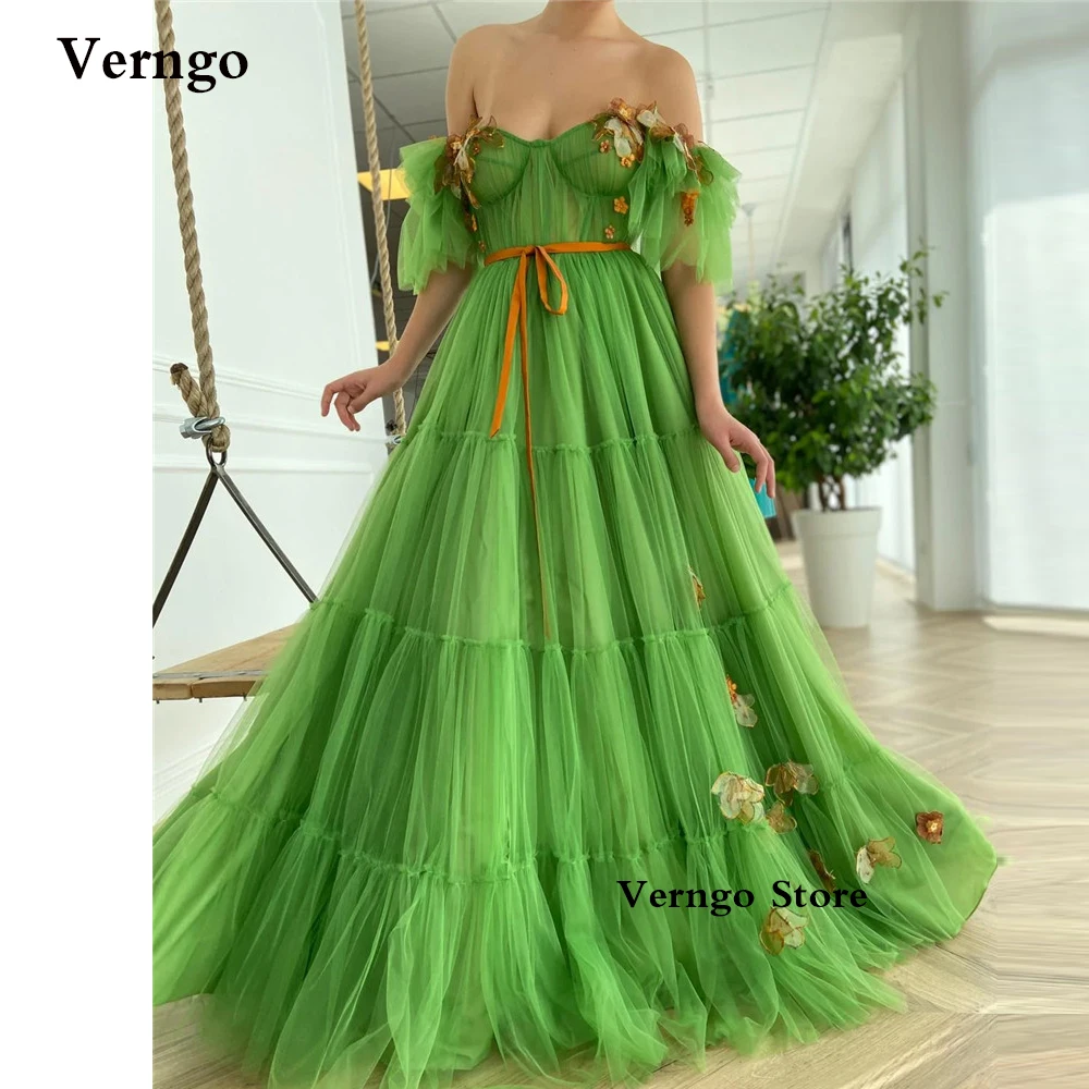 

Verngo New A Line Green Tulle Prom Dresses Embroidery Flowers Off the Shoulder Tiered Arabic Women Evening Party Dress 2023
