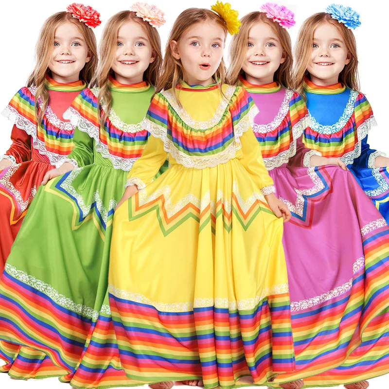 

Children Girls National Mexican Ethnic Dance Maxi Long Dress Headwear Kids Halloween Cosplay Costumes Role Play Outfit