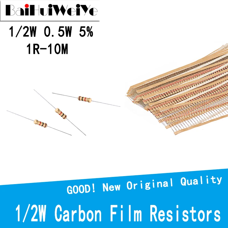 

100PCS/LOT 0R-10M 1/2W Carbon Film Resistor 5% 0.5W 100R 220R 1K 1.5K 2.2K 4.7K 10K 22K 47K 100K 100 220 2K2 4K7 ohm Resistance