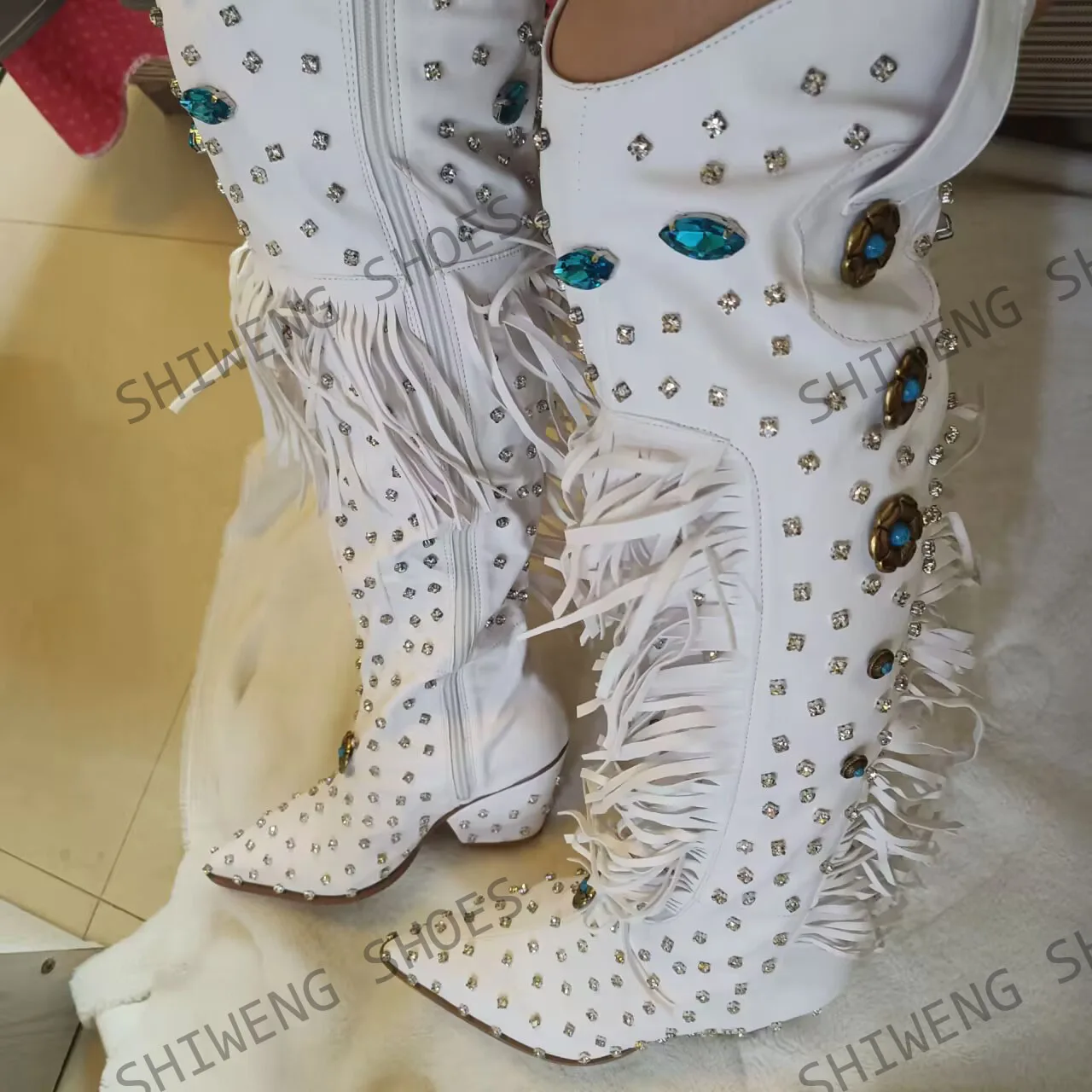 Black Rhinestone Fringe Cowgirl Boots Women Sparkly Western Pointed Toe Heel