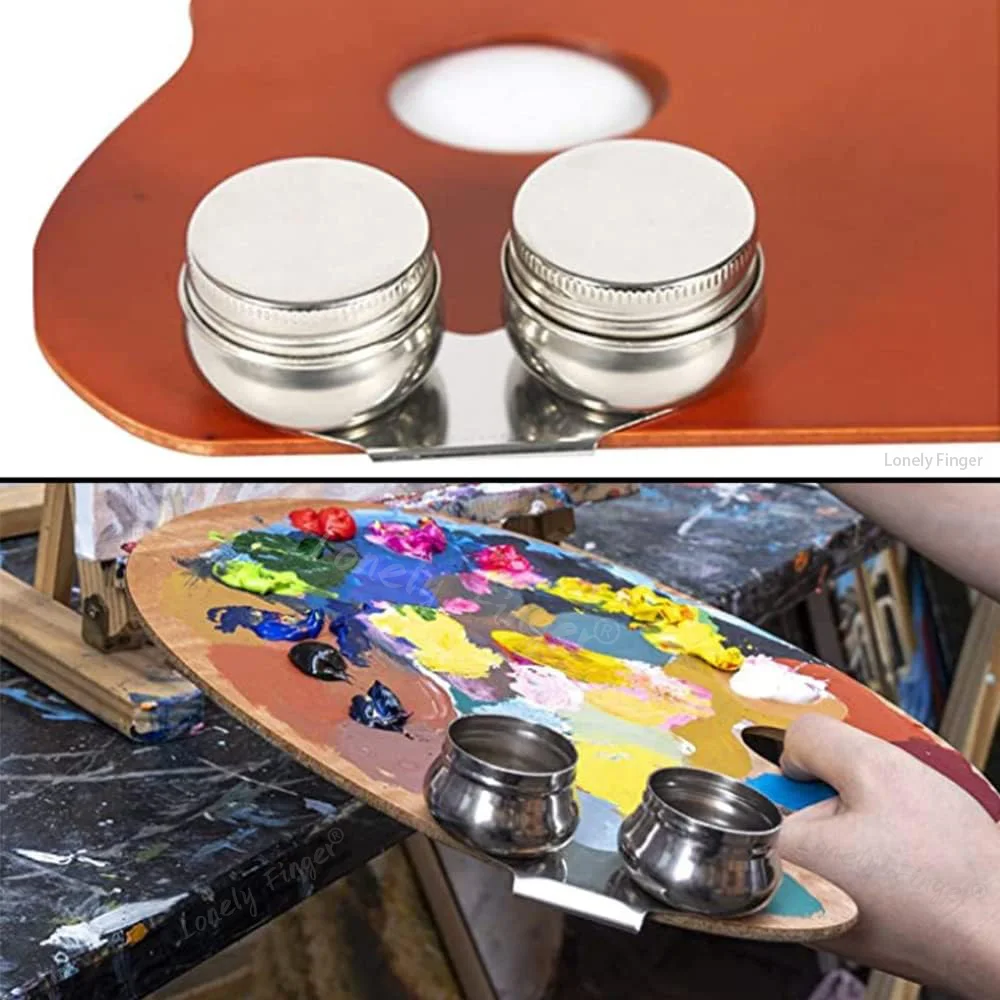 1/2pcs Stainless Steel Palette Cup Large Mouth Double Dipper Palette Cup Portable with Lid Art Oil Pot for Acrylic Oil Painting 4
