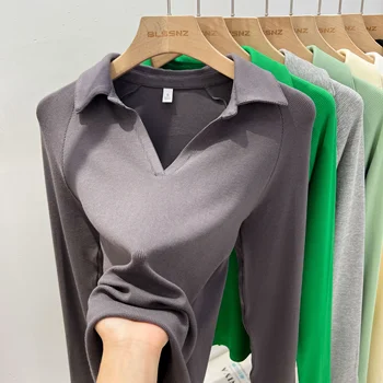 AOSSVIAO 2025 بلون كم طويل تي شيرت المرأة الخريف مضلع محبوك بولو الرقبة سليم صالح قاعدة قميص تنوعا رداء علوي غير رسمي 2